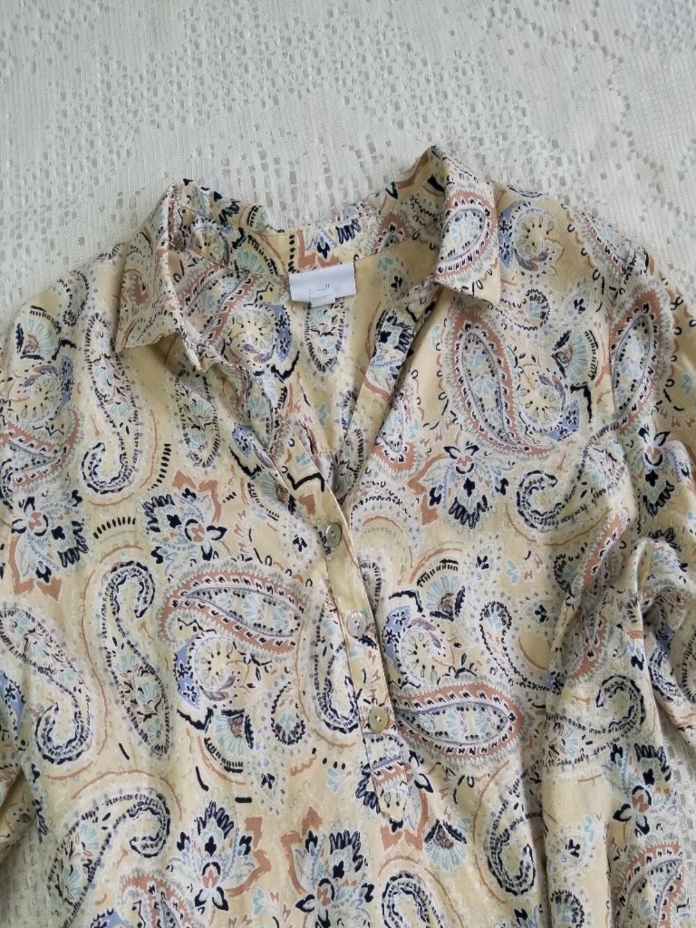 J. Jill Yellow Paisley Roll Tab Sleeve Blouse Large - Picture 4 of 10